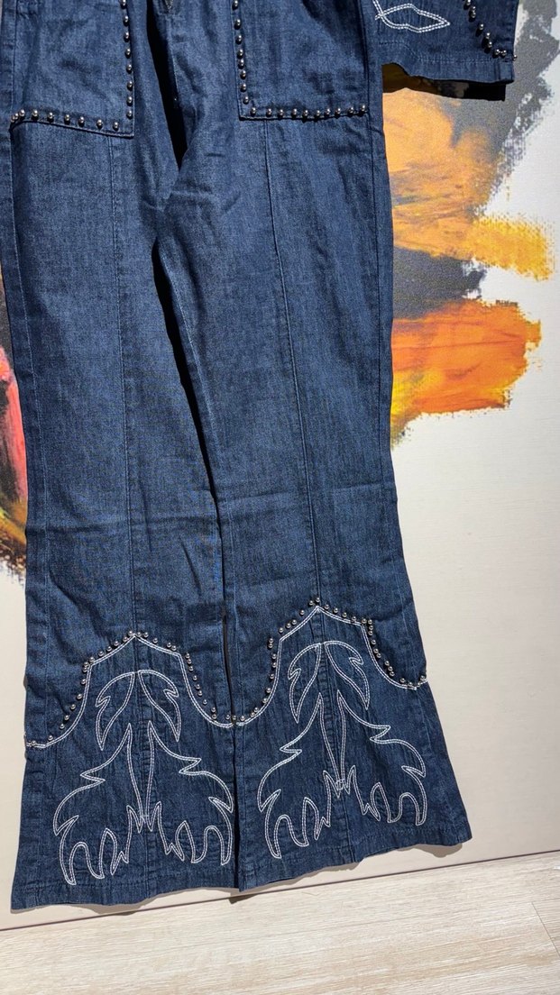 Nakışlı Uzun Kot Tulum Kadın - Görsel 2