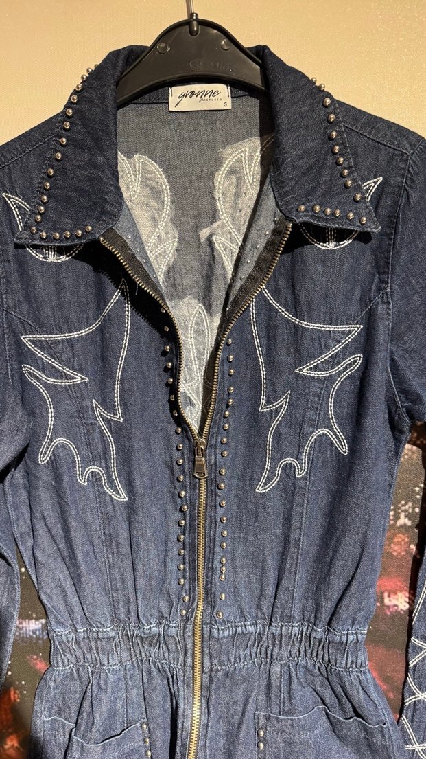 Nakışlı Uzun Kot Tulum Kadın - Görsel 4