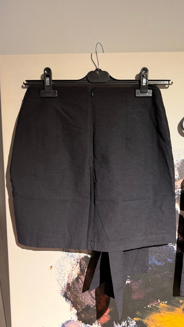 Kadın Siyah Keten Drapeli Mini Etek - Görsel 5