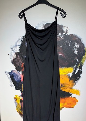 Siyah Drapeli Uzun Askılı Elbise - Görsel 2