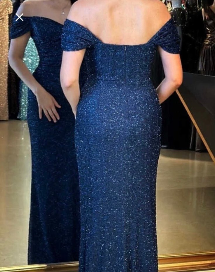 Parlak Lacivert V Yaka Uzun Abiye Elbise - Görsel 3