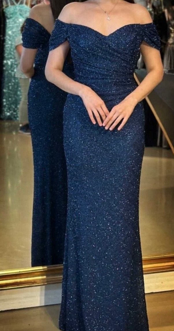 Parlak Lacivert V Yaka Uzun Abiye Elbise - Görsel 2