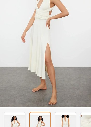 Beyaz Askılı Uzun Dökümlü Elbise - Görsel 4