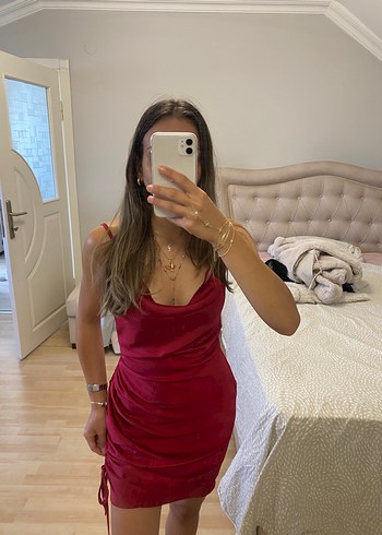 Bordo V Yakalı Drapeli Mini Elbise