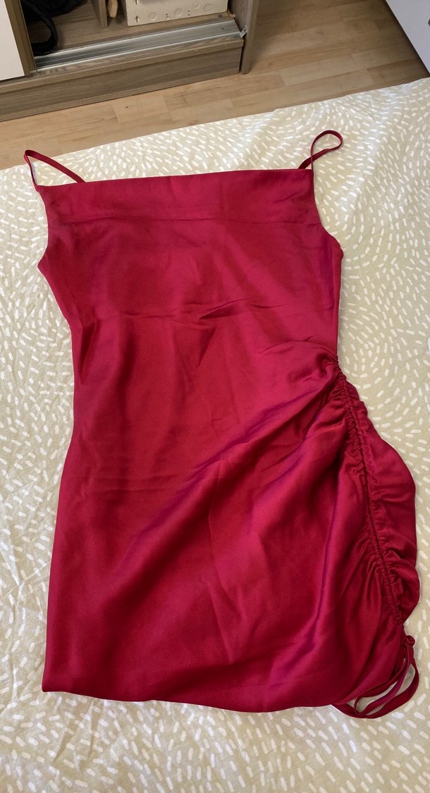 Bordo V Yakalı Drapeli Mini Elbise - Görsel 3