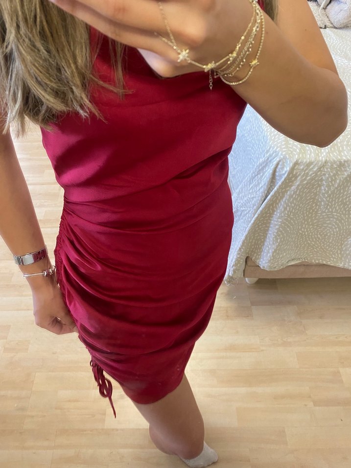 Bordo V Yakalı Drapeli Mini Elbise - Görsel 2