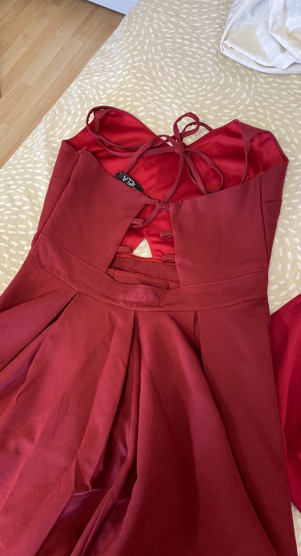 Bordo Midi V Yakalı İnce Askılı Elbise - Görsel 2