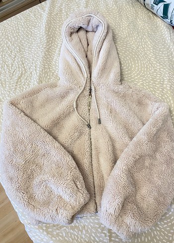 Bershka Bej Kapüşonlu Uzun Kollu Peluş Kadın Ceket