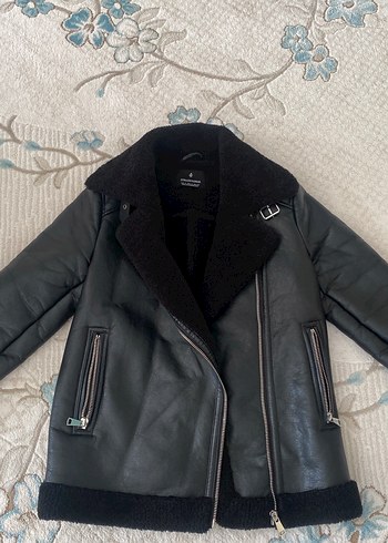 s Beden siyah Renk Kürklü Siyah Deri Biker Ceket