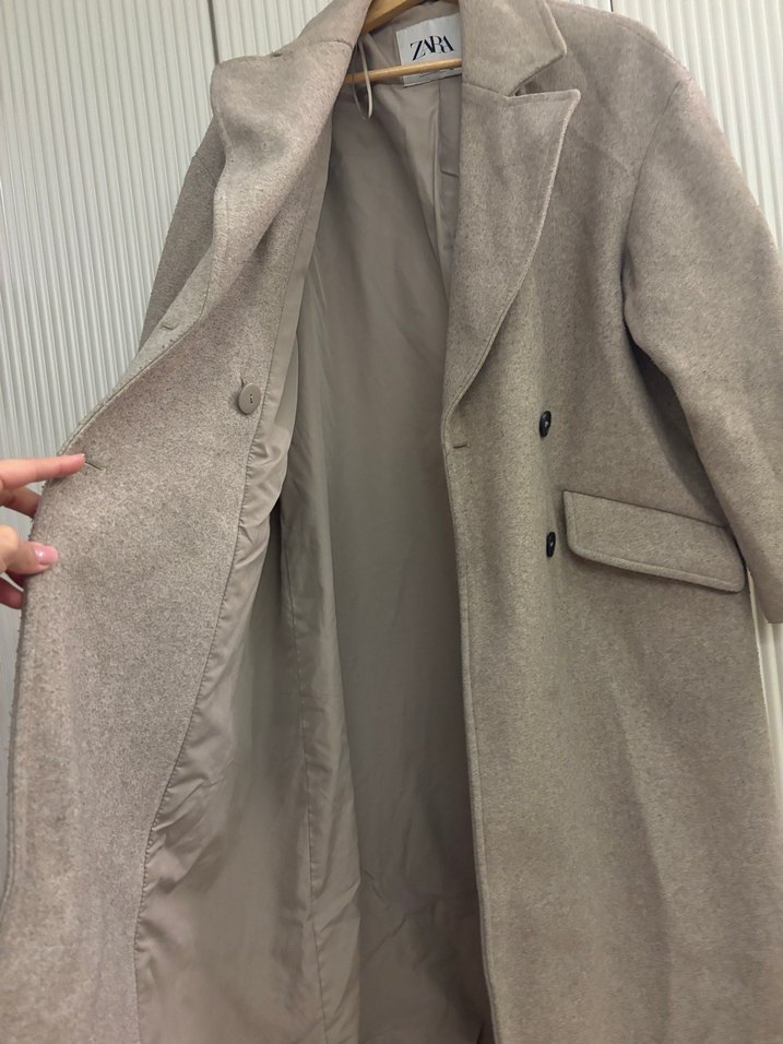 Bej Çift Düğmeli Uzun Kaban - Görsel 3