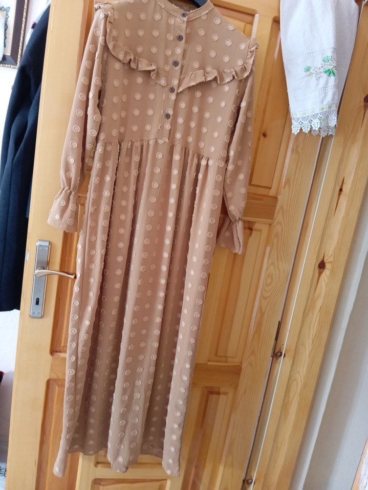 Bej Nakışlı Uzun Kollu Bohem Elbise - Görsel 2