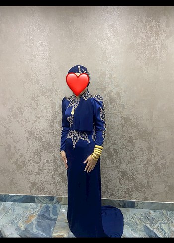 Abiye Uzun Kollu Mavi İşlemeli Uzun Abiye Elbise