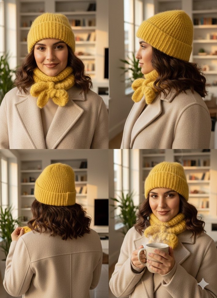 Hardal Örgü Kadın Bere ve Atkı - Görsel 2