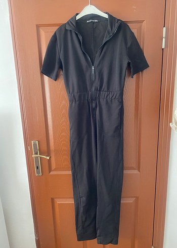 Kadın Siyah Kısa Kollu Fermuarlı Tulum