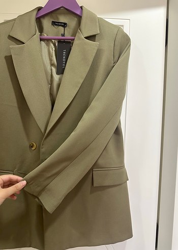 42 Beden haki Renk Kadın Haki Düğmeli Midi Blazer Ceket