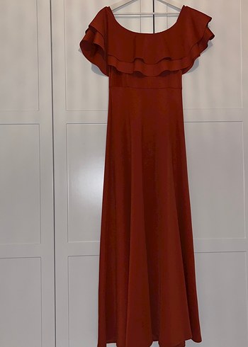 Turuncu Uzun Fırfırlı Kayık Yaka Abiye Elbise - Görsel 4