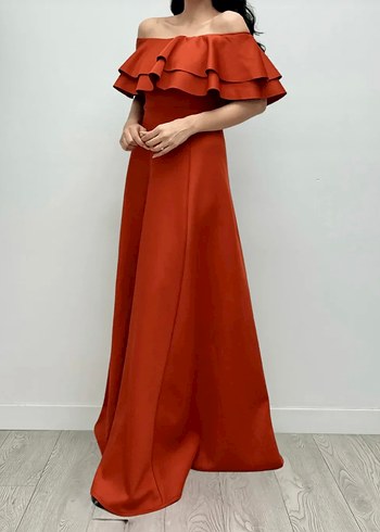 Turuncu Uzun Fırfırlı Kayık Yaka Abiye Elbise - Görsel 2