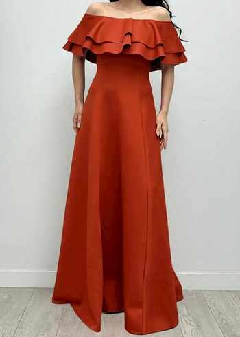 Turuncu Uzun Fırfırlı Kayık Yaka Abiye Elbise - Görsel 3