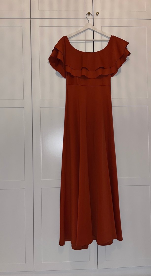 Turuncu Uzun Fırfırlı Kayık Yaka Abiye Elbise - Görsel 4