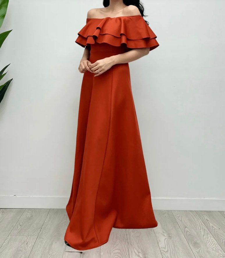 Turuncu Uzun Fırfırlı Kayık Yaka Abiye Elbise - Görsel 2