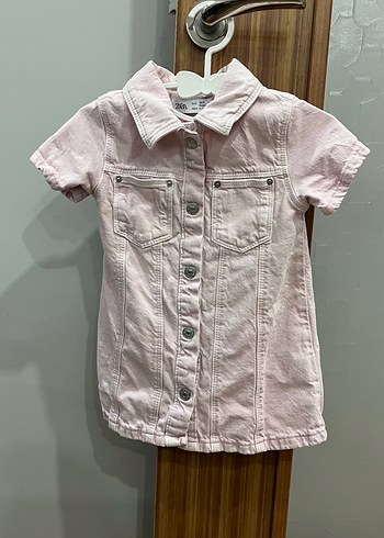 Düğmeli Pembe Kısa Kollu Kız Kot Elbise - Görsel 2