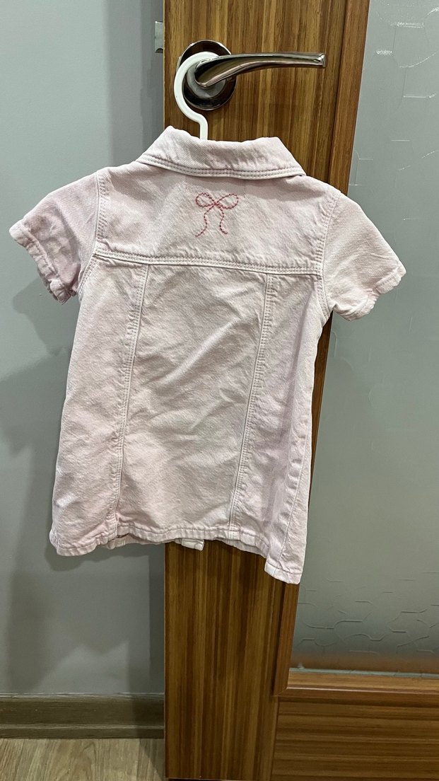 Düğmeli Pembe Kısa Kollu Kız Kot Elbise - Görsel 3