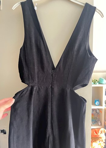 Siyah V Yakalı Drapeli Kadın Tulum - Görsel 4