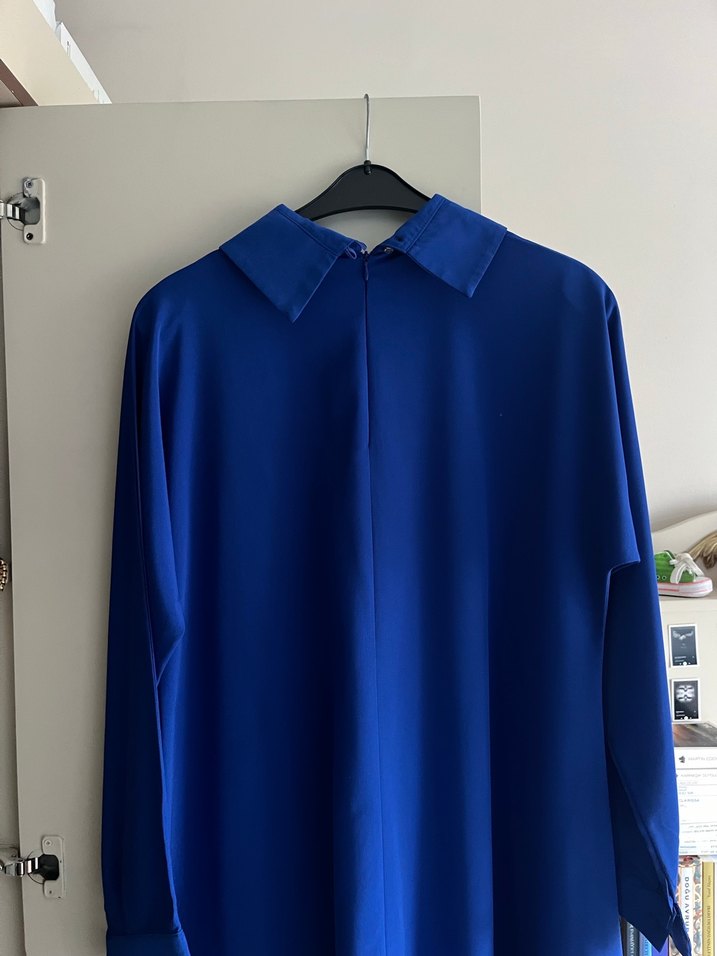 Drapeli Uzun Kollu Mavi Kadın Tunik - Görsel 3