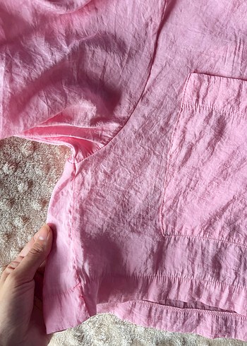 Pembe Keten Kısa Kollu Gömlek - Görsel 3