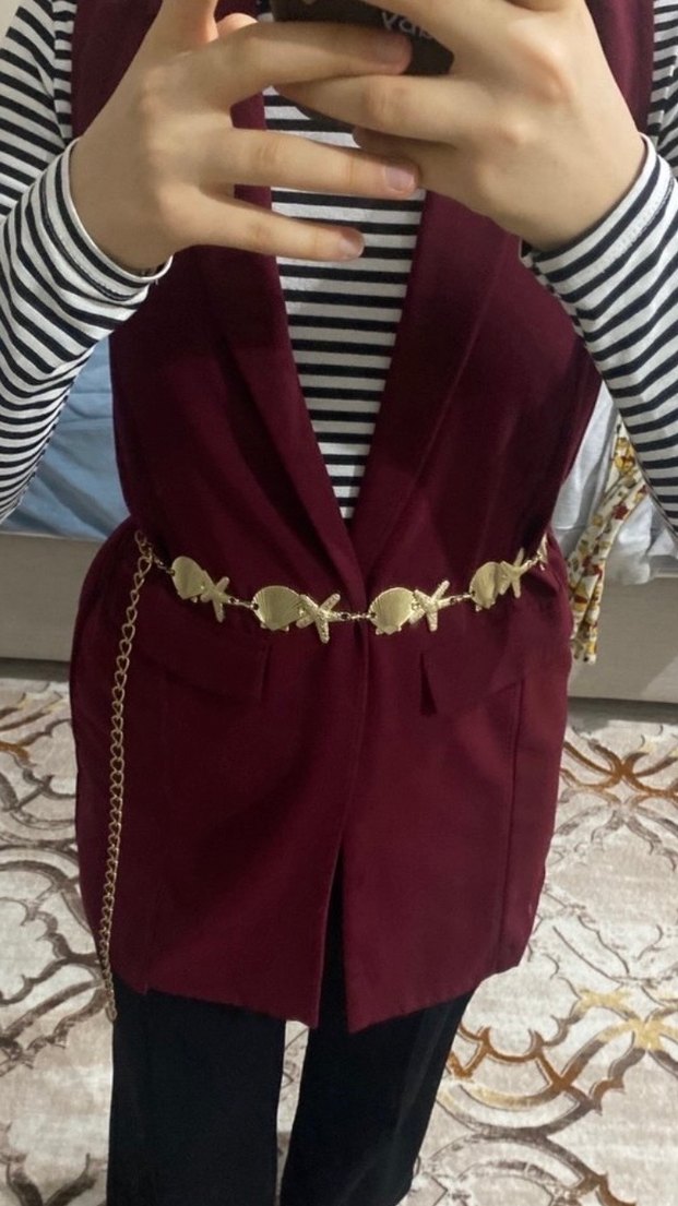 Bordo Kemerli Midi Kadın Yelek - Görsel 3