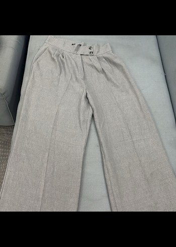 Düğmeli Gri Keten Kadın Kumaş Pantolon - Görsel 3