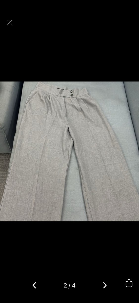 Düğmeli Gri Keten Kadın Kumaş Pantolon - Görsel 2