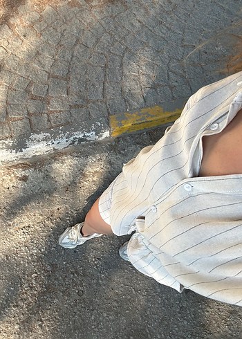 38 beden bej çizgili gömlek şort takım - Görsel 4