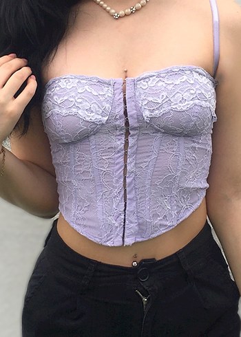 Dantel İşlemeli Lila Strappy Büstiyer Korse Top - Görsel 3