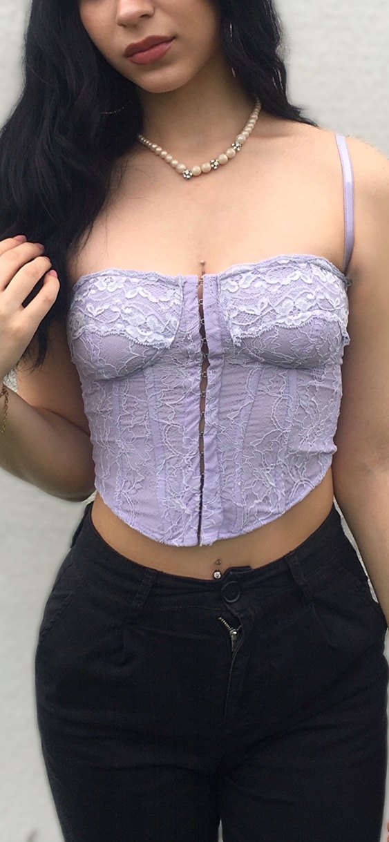Dantel İşlemeli Lila Strappy Büstiyer Korse Top - Görsel 3