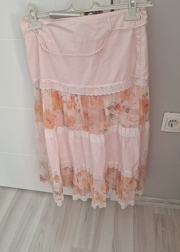 Pembe Dantel Detaylı Uzun Bohem Etek