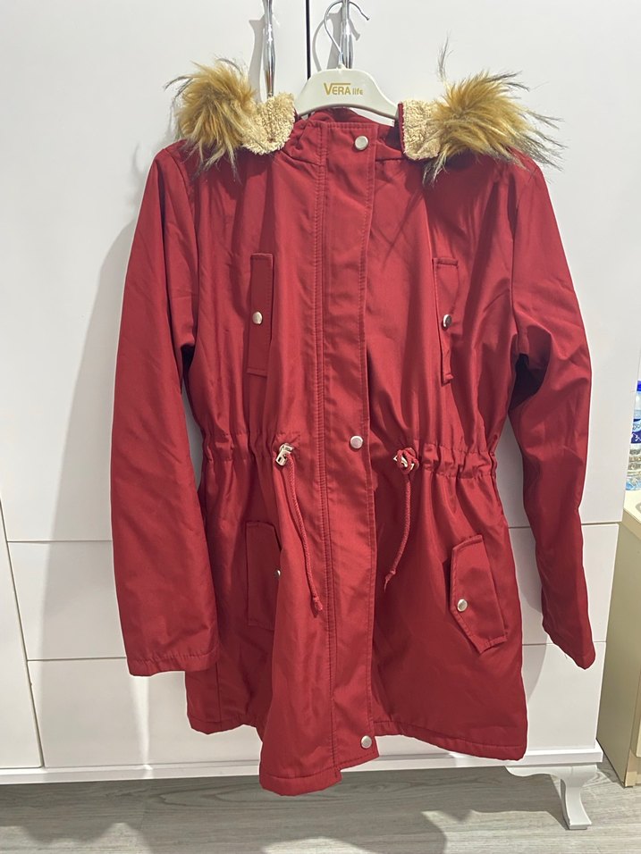 Bordo Kürklü Midi Kadın Mont - Görsel 2