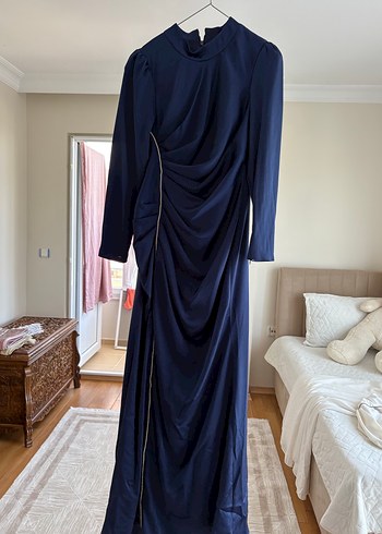 Lacivert Drape Uzun Abiye Elbise