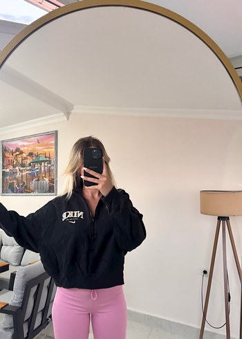 Yarım Fermuarlı Siyah Baskılı Sweatshirt