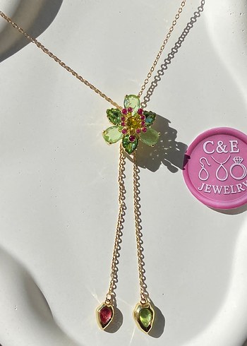 American Vintage Renkli Taşlı Gold Çiçek Kolye
