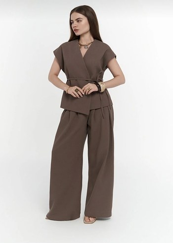 Kadın Bej Rahat Kesim Saten Pantolon - Görsel 4