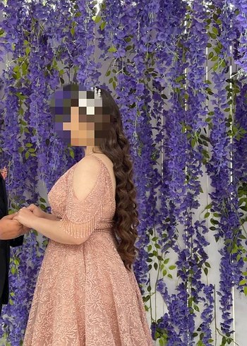xl Beden Pembe İşlemeli Dantel Uzun Abiye Elbise