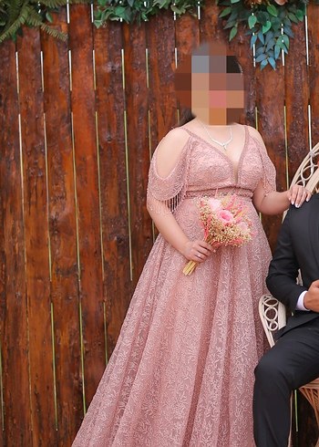 Diğer Pembe İşlemeli Dantel Uzun Abiye Elbise