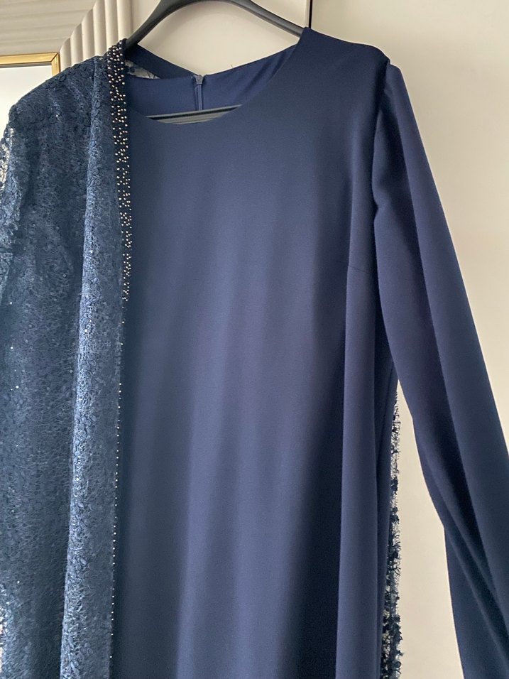 Uzun Lacivert Nakışlı olcay marka Kadın Elbisesi - Görsel 3
