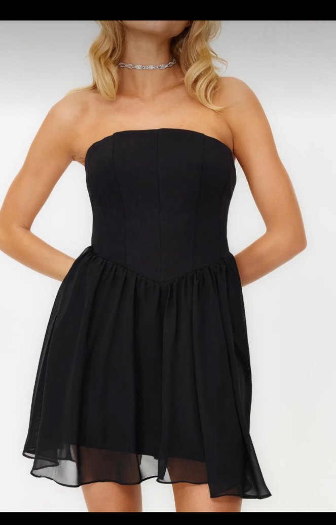 Askısız, Piliseli Siyah Mini Elbise - Görsel 4