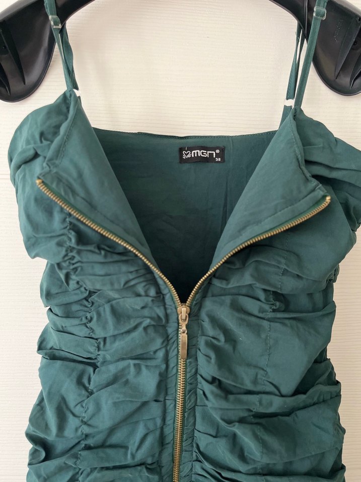 Yeşil Straplez Mini Elbise Fermuarlı - Görsel 4