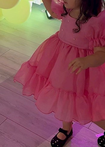 24-36 Ay Beden pembe Renk Kız Çocuk Pembe Fiyonk Detaylı Elbise