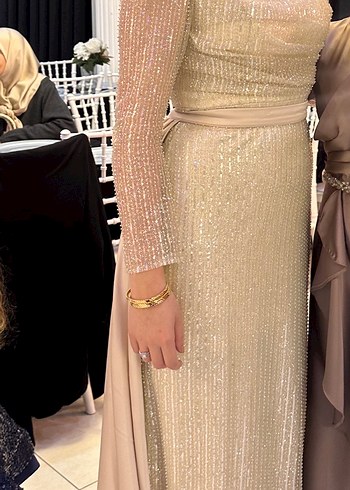 Krem Drapeli Uzun Abiye Elbise - Görsel 2