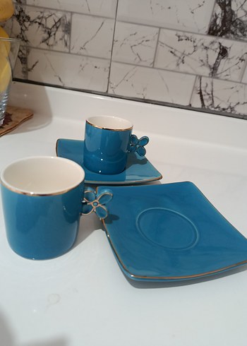 çiçek Kulplu Mavi Porselen Fincan Takımı - Görsel 2