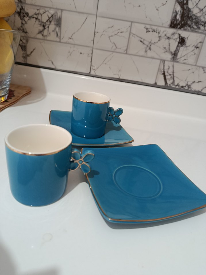 çiçek Kulplu Mavi Porselen Fincan Takımı - Görsel 2